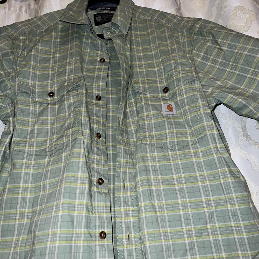 Carhartt Rugged Flex Olive Plaid Short Sleeve Button-Up Shirt - Picture 3 of 11